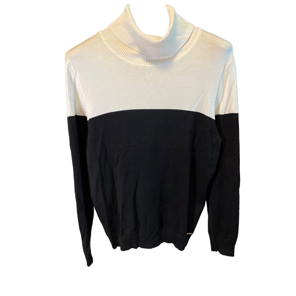 Calvin Klein Women's Black and White Turtleneck Sweater Large L